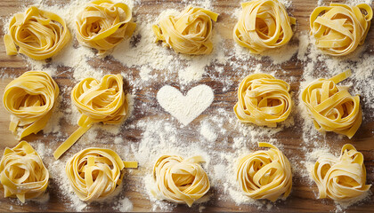 Tagliatelle pasta nests are arranged on a wooden board sprinkled with flour, forming a heart shape