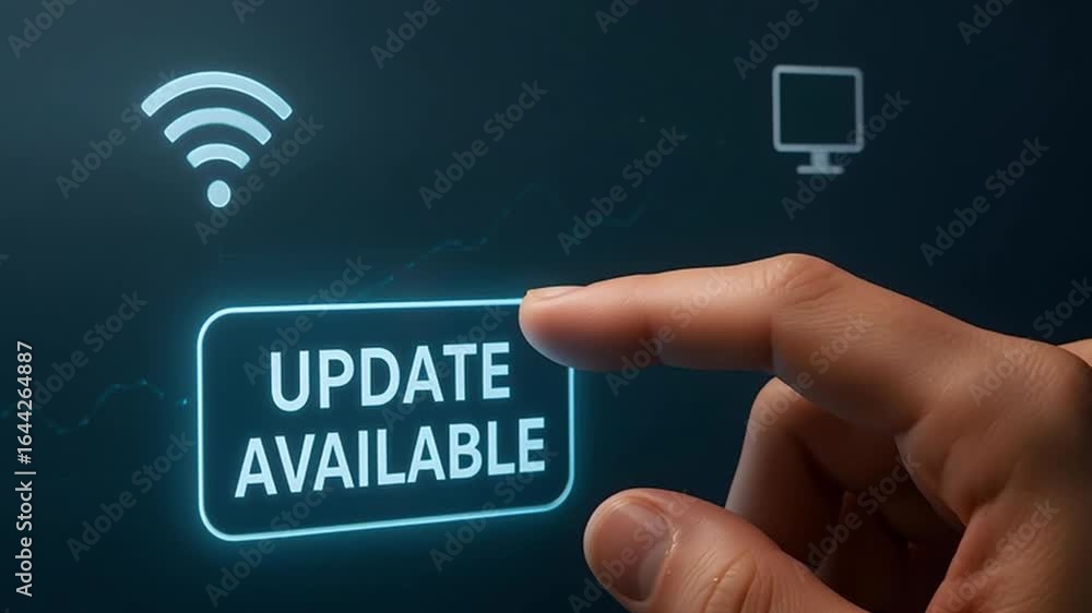 Poster a hand pointing towards the update available button on a screen, indicating a software update.