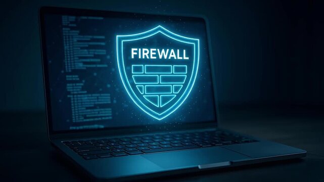 Cyber security concept featuring a laptop with a firewall logo displayed. 