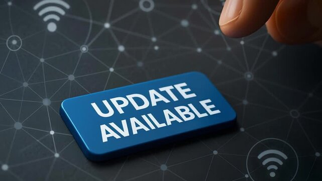 An illustration showcasing the concept of software updates or system upgrades, with a button indicating Update Available. 