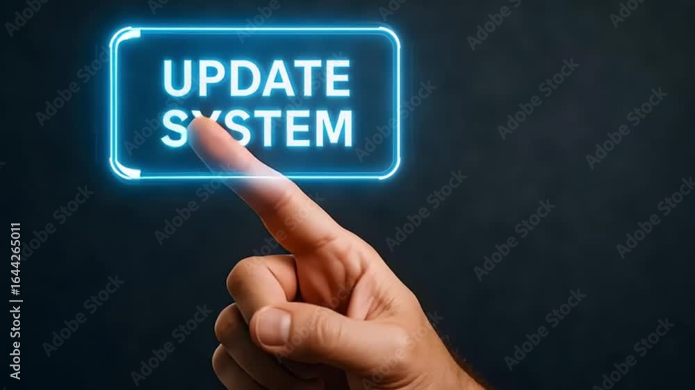 Poster a hand clicking on a glowing update system button.