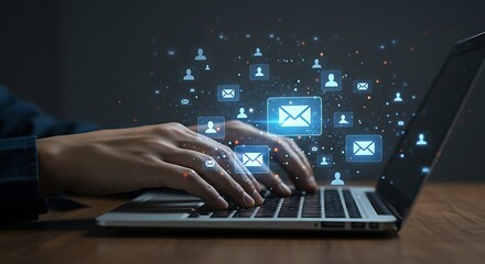 Person typing on a laptop with digital icons and network connections