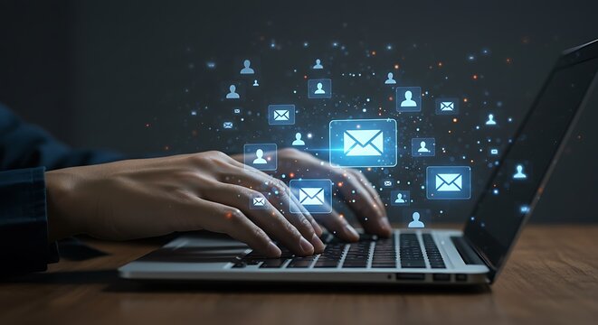 Person typing on a laptop with digital icons and network connections - Powered by Adobe