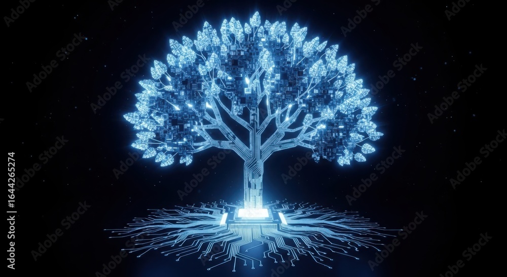 Poster luminous digital tree of light emanating energy and growth with intricate root system on a dark back