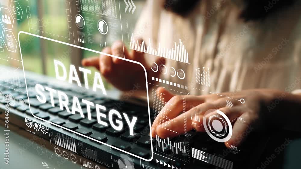 Poster hands typing on keyboard with data strategy visuals and digital overlay in modern workspace environm