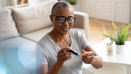 A person prepares to check their blood sugar using a glucose meter and test strip, seated in a cozy living room—highlighting themes of personal health management and diabetes care.