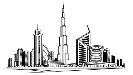 "Abstract architectural line drawing of Dubai’s skyline in monochrome, with bold geometric shapes and varying building heights, filling the width of the composition."