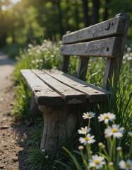Fototapeta premium Weathered wooden bench along a walking trail in a natural landscape