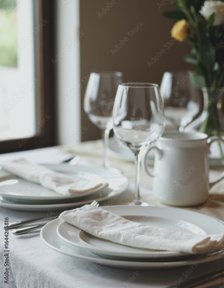 Poster elegant restaurant table setting with plain plates and linen napkins