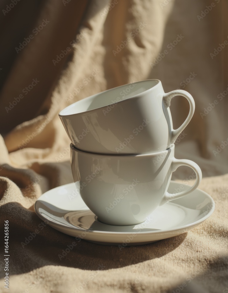 Poster stack of plain white cups and saucers on a soft fabric background