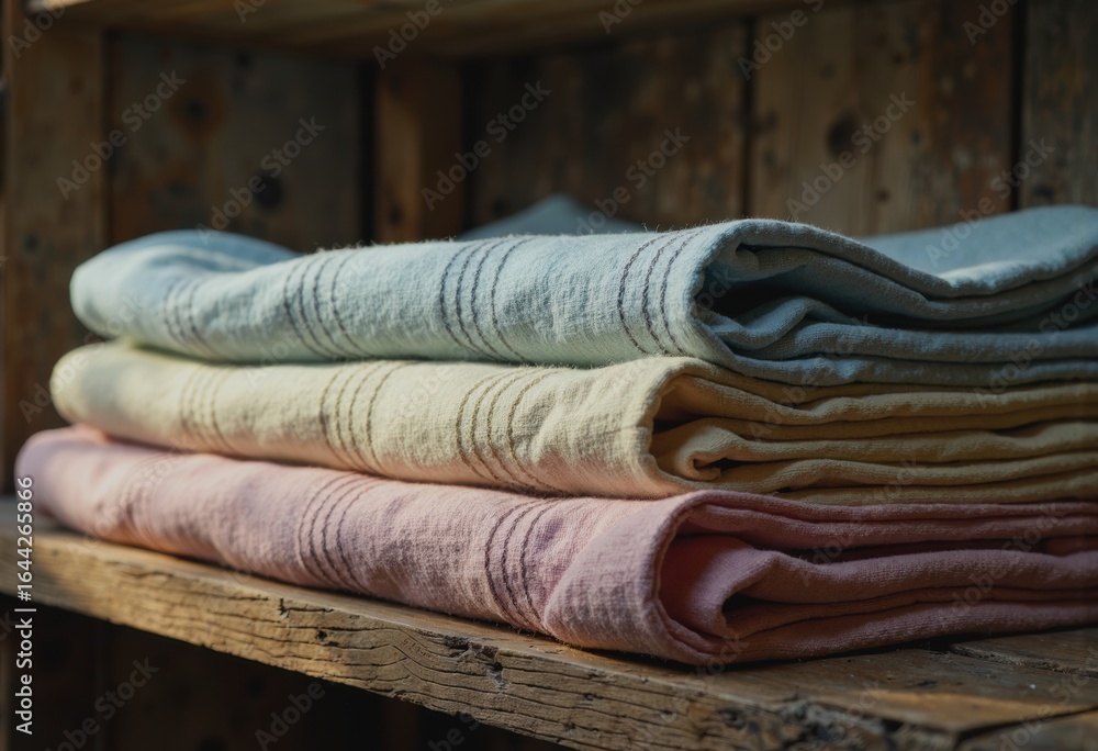 Poster folded aprons neatly arranged on a rustic wooden shelf