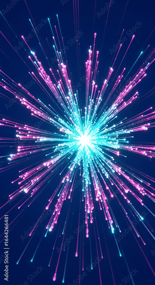 Poster abstract image of pink and teal light streaks emanating from a central point, creating a dynamic, en