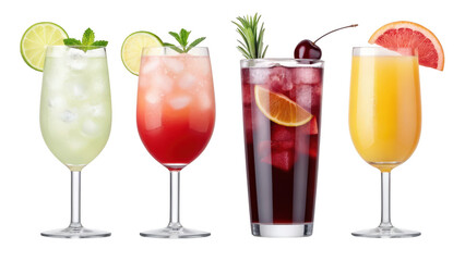 Four tall refreshing cocktails with fruit garnishes and ice in elegant glasses isolated on transparent background