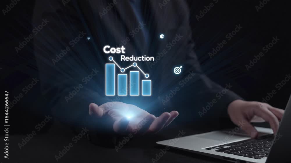Poster a businessman highlights cost reduction strategies with digital analytics and graphs, showcasing a m