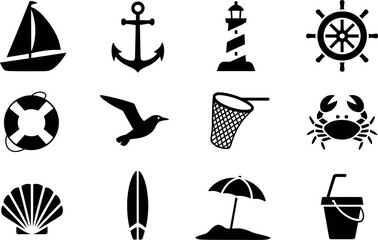 Naklejka premium Vector nautical icons: summer beach vacation symbols set