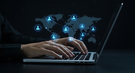 Hands typing on laptop with global network of people icons and world map