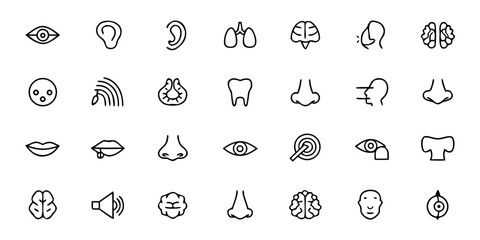 Human Sensory Organs & Glands Icon Bundle &ndash; Minimalist Line Art Brain, Eyes, Ears, Nose, Tongue, Glands, and Nervous System Components &ndash; Medical & Educational Vector Icons