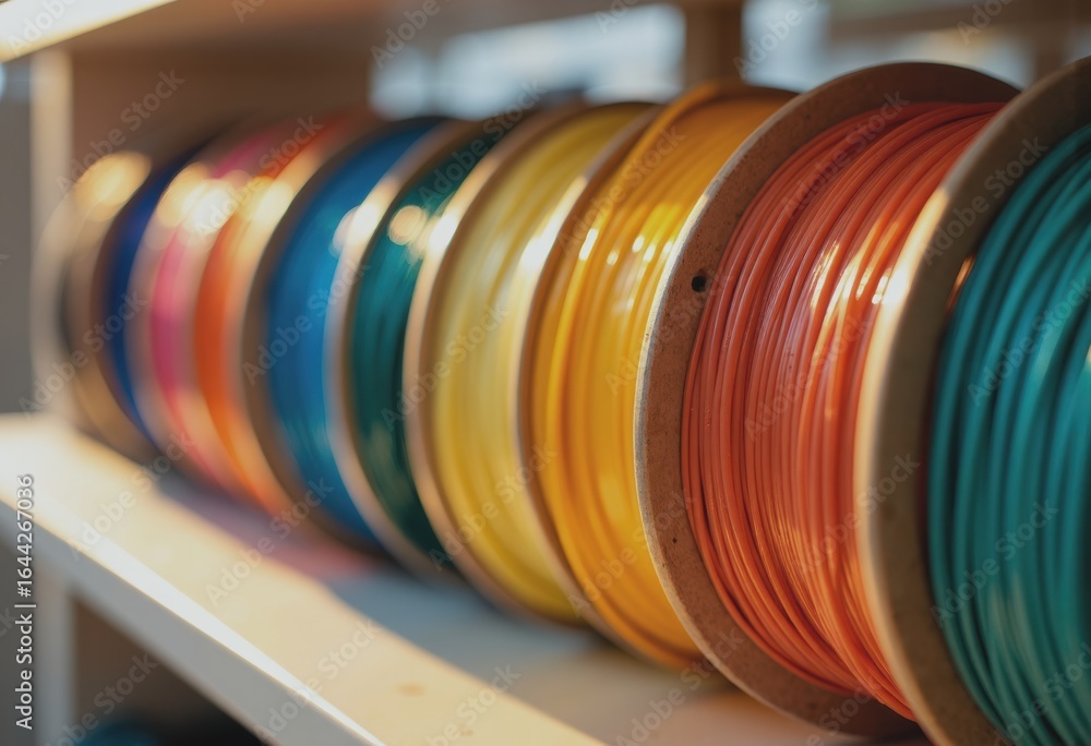 Aufkleber colorful filament spools with blank cores neatly arranged on a rack