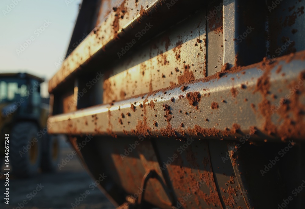 Poster close-up of a soil hopper exterior with rust and guard rails