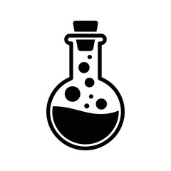 Black laboratory flask with liquid and bubbles science