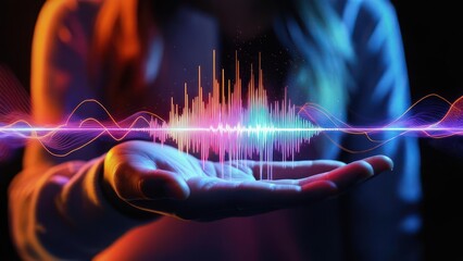 Hand holding a colorful audio waveform