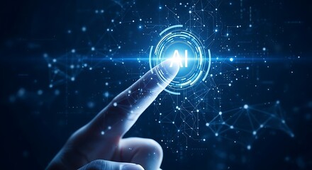 Finger touching a glowing blue digital interface with futuristic technology elements