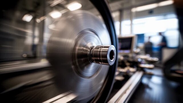 Medium shot capturing the spherical wheelhub motor in sharp focus as it spins on a rollingresistance dynamometer while the surrounding test rig and operators remain softly blurred.