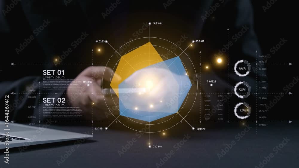 Poster a businessman engages with interactive data visualization graphics on a touchscreen, showcasing inno