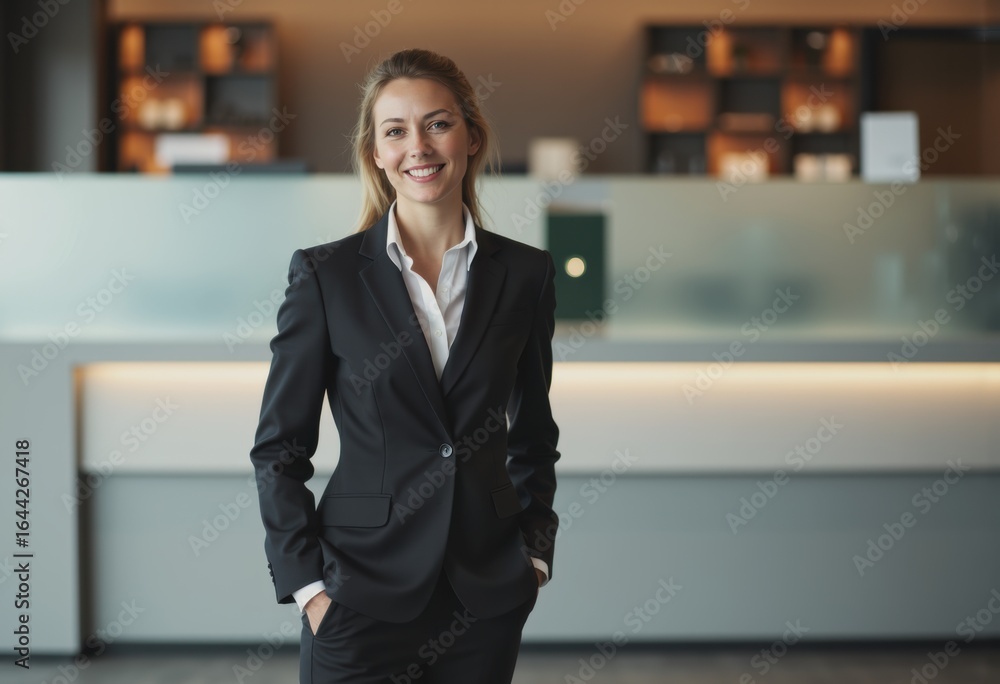 Poster bank teller smiling while processing transactions at the counter