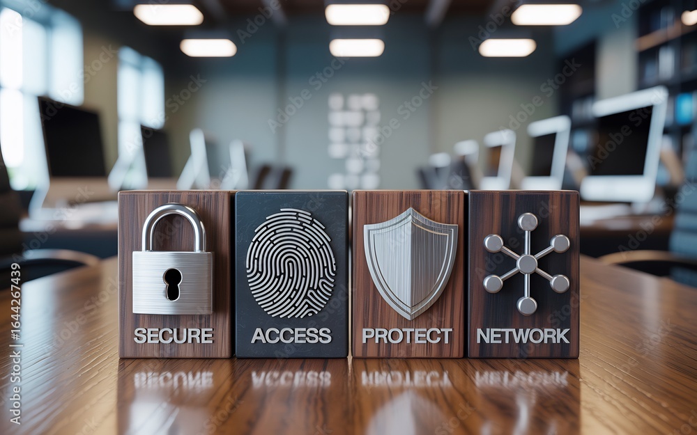 Poster cybersecurity icons representing security access protection and network on wooden blocks