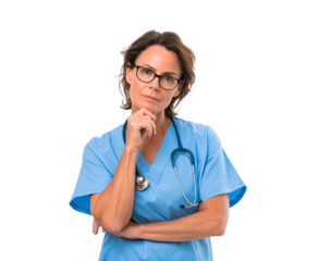 Thoughtful mature woman nurse with glasses and stethoscope on transparent background, PNG