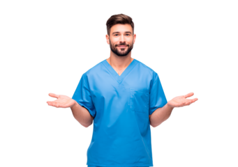 Young nurse shrugging wearing blue scrubs on transparent background, PNG