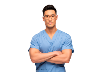 Confident asian adult doctor in blue scrubs with glasses on transparent background, PNG