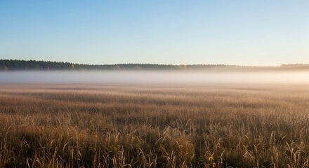 Obraz premium Peaceful rural landscape of a golden wheat field enveloped in thick morning fog at sunrise.