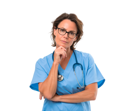 Thoughtful mature woman nurse with glasses and stethoscope on transparent background, PNG - Powered by Adobe