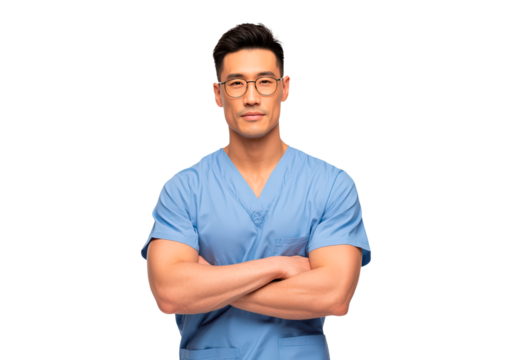 Confident asian adult doctor in blue scrubs with glasses on transparent background, PNG - Powered by Adobe