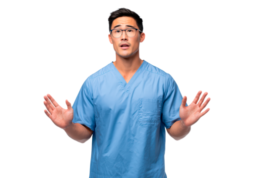 Asian male nurse in blue scrubs gesturing surprise on transparent background, PNG