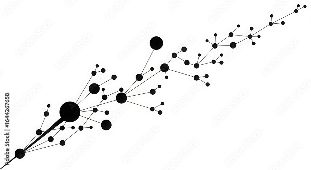 Poster abstract black and white network diagram illustrating growth and connection with varying node sizes 