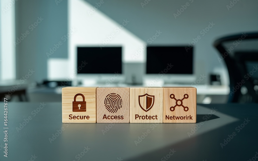 Poster four wooden blocks with security icons and text in an office setting