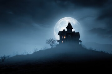 Obraz premium Mysterious Eerie Haunted House on a Hilltop, Bathed in Mystical Moonlight, A Gothic Silhouette Against a Dark Sky, A Haunting Image of a Spooky Mansion.