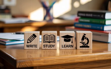 Wooden blocks with education symbols and words on a desk