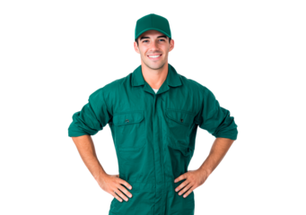 Young worker smiling in green uniform with cap on transparent background, PNG