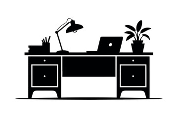 Desk with laptop lamp and plant office