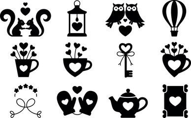 Romantic Valentine's Day vector icons:  cute, black, and white.