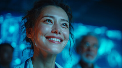 Smiling woman in futuristic hospital surrounded by advanced holographic diagnostics enhancing care