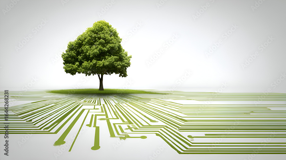 Aufkleber lush green tree on abstract circuit board background: a conceptual image representing the interconne