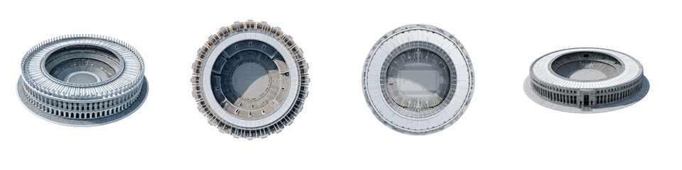 Set of Large modern sports stadium exterior and aerial views isolated on transparent background
