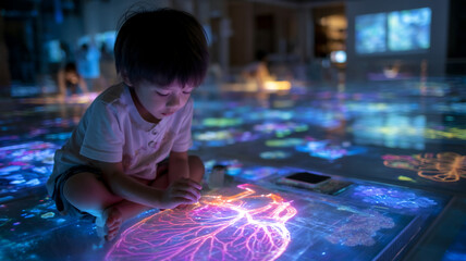 Young child interacting with glowing anatomical projections on digital table for education