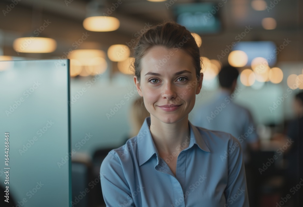 Aufkleber airline ticket agent smiling while processing reservations at the counter