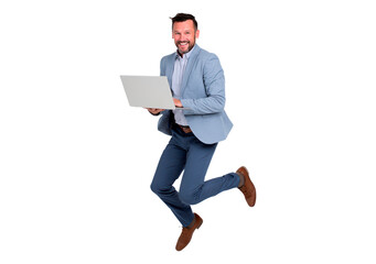 Businessman in suit jumping with laptop on transparent background, PNG